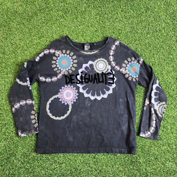 Desigual Shirt‎ Womens Small Black Embossed Graphic Long Sleeve Floral Tee Top - Picture 1 of 10
